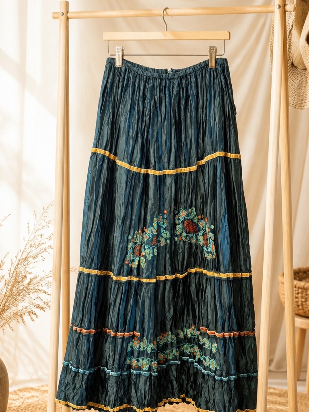 Double D Ranch Teal Tiered Maxi Skirt with Floral Embroidery NWT Sz Large